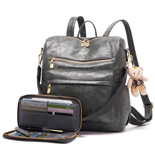 Soperwillton Women Backpack Purse Shoulder Handbags Travel Bag Set 2pcs | Soft PU Leather,Large Capacity,Many Pockets,with a Functional Wallet,with a Detachable Shoulder Strap,Multipurpose Design - color: Darkgrey