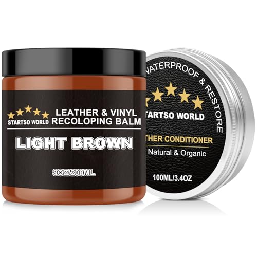 STARTSO WORLD 200Ml Leather Recoloring Balm with 100ML Leather Conditioner, Light Brown Leather Repair Kit for Furniture, Leather Dye, Leather Scratch Repair, Leather Couch Paint - color: Light Brown, size: Leather Recoloring Balm+Mink Oil