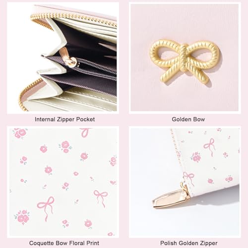 Floral Print Coquette Bow Long Wallet for Women (LONG-PINK) | Clutch Wallet, Phone Holder, Coin Pocket, 12 Card Slots - color: LONG-PINK