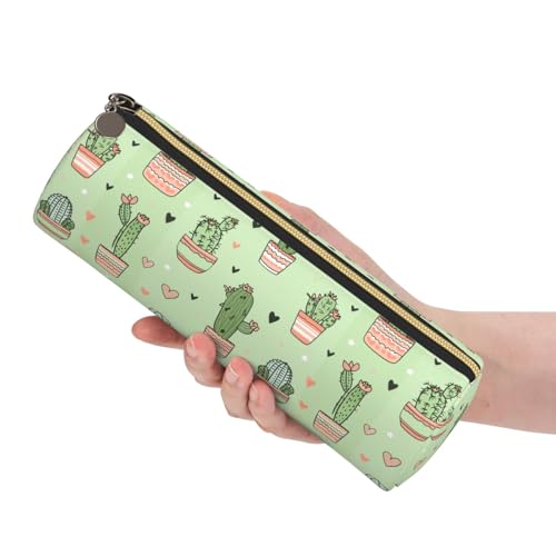 OSAM SPACE Leather Pencil Case Round Pencil Bag Cactus Heart Pen Organizer Holder Portable Zipper Pouch Cute School Supplies for Girls Boys Study Office - color: Cactus Heart