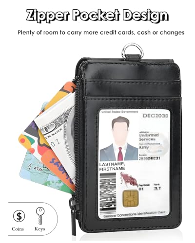 Teskyer Leather ID Badge Holder with Lanyard, Lanyard Wallet, Black - color: Black, size: 3.1" x 4.7"