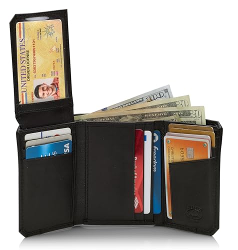 Stealth Mode RFID Blocking Leather Trifold Wallet for Men – Mens Trifold Leather Wallet with Flip Up ID Window, 11 Card Slots, Hidden Pockets, Divided Billfold – Gift Box Included (Black Crunch) - color: Black Crunch