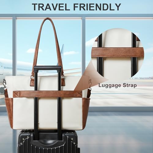 Shrrie 15.6 Inch Laptop Tote Bag for Women Large Leather Shoulder Bag Handbags Purses with Detachable Shoulder Strap - color: Beige With Brown