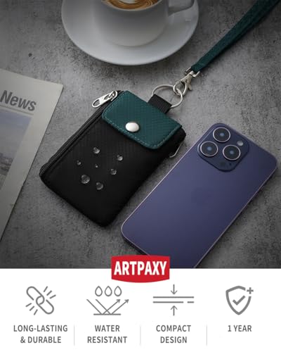 Artpaxy Minimalist Wallet For Mens Womens, Keychain RFID Blocking Zipper Small Wallet with ID Window 2 Lanyards,Water Resistant Travel Cash Card Coin Case Boys Girls - color: Green Black