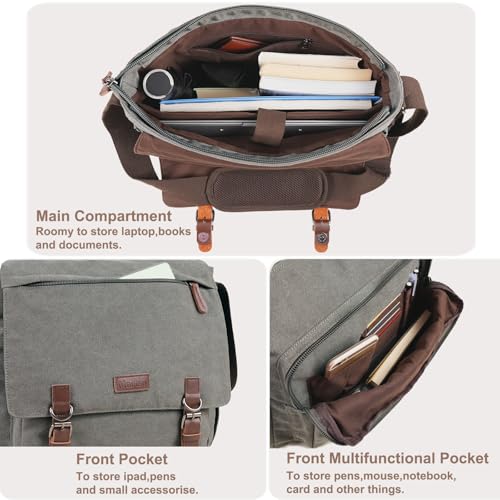 Vintage Messenger Bag 15.6 Inch Laptop for Men Women, Large Travel Crossbody Shoulder Purse Canvas Briefcase Work College - color: Grey-upgrade