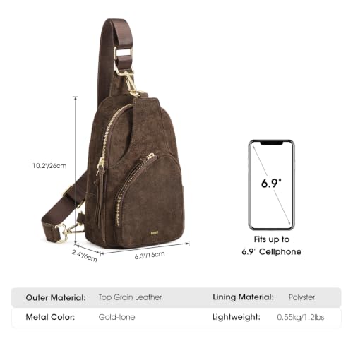 Kattee Sling Bag for Women, Genuine Suede Leather Crossbody Bags | Top grain pebbled cowhide leather fanny pack crossbody purse. Small chest bag with RFID blocking for travel. - color: Suede Chocolate