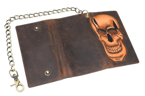 RFID Blocking Mens Tri-fold Long Style Crazy Horse Leather Steel Chain Wallet, (Skull Brown Painted Bright) - color: Skull Brown Painted Bright