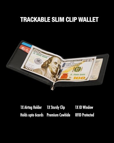 AirTag Money Clip Wallet for Men | Trackable Slim Front Pocket, RFID Blocking, Minimalist Bifold with Airtag Holder | Top grain leather Mens Money Clip Wallet (Matte Black) - color: Matte Black