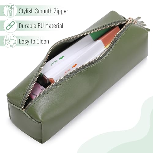 Mr. Pen- PU Leather Pencil Case, Green | Pencil Case Small Pencil Pouch Aesthetic Pencil Cases - color: Green