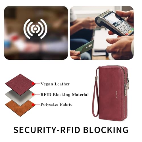 GOIACII Wristlet Wallets for Women 2 Zip Around Ladies Clutch Red | RFID Blocking, Vegan Leather, Large Capacity, Credit Card Holder, Phone Holder Purse - color: Red