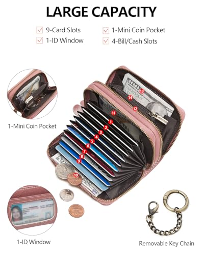 TFKGS Credit Card Holder for Women RFID Wallet Leather Womens Wallet with Zipper Blocking Keychain Card Accordion Wallets Gifts for Women Pink - color: 1-Pink