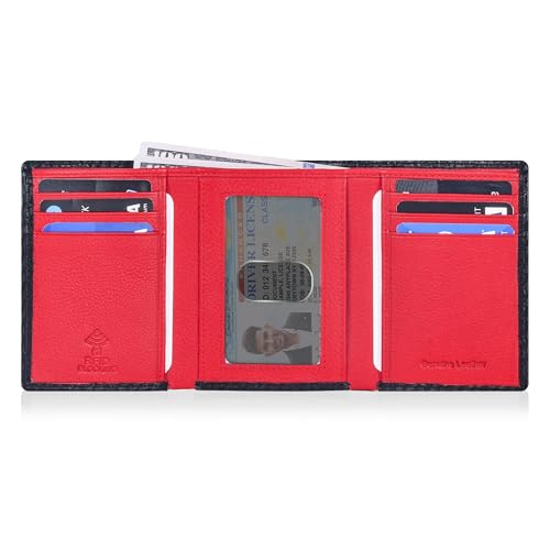 Trifold Leather Wallet for Men - RFID Slim Minimalist Front Pocket 6 Slots - color: Black Carbon/Red