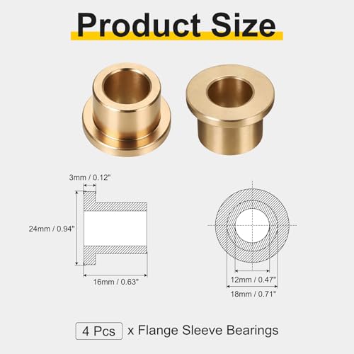 uxcell 4Pcs Flange Sleeve Bearings, 12mm Bore x 18mm OD x 16mm Length, Self-Lubricating Sintered Bronze Bushings - size: 12x18x16mm