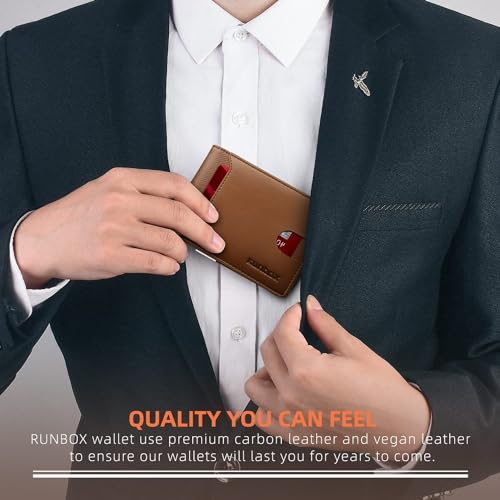 RUNBOX Slim Wallet for Men - RFID Blocking Leather Bifold with Money Clip | Minimalist Front Pocket Wallet Holds 11 Cards,Slim Thin Design,RFID Blocking Protection, Practical Birthday Gifts for Men - color: Caramel