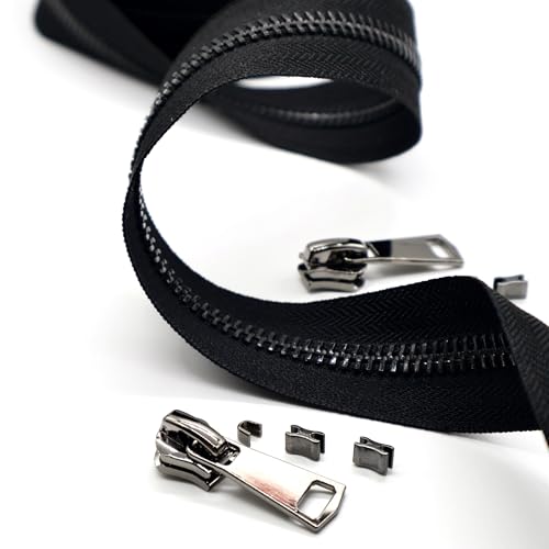 #8 Heavy Duty Metal Zipper by the Yard 3 Yards with 5 Sliders 10 Top Stops and 5 Bottom Stops for Tents Backpacks Outdoor Gear Cushion Covers DIY Pouches and Home Decor(Black/Black Teeth) - color: Black/Black Teeth