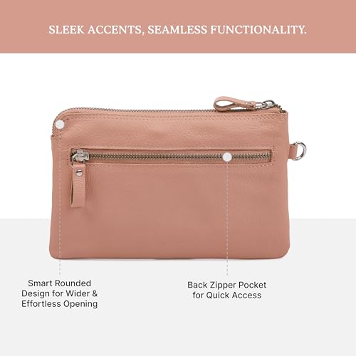 Leather Wristlet Wallet for Women Clutch Handbag Purse with Cell Phone Slot | Genuine Top Grain Leather, 8 Credit Card Slots, Detachable Strap, YKK Zipper, Gifts for Women - color: Baby Pink Nappa