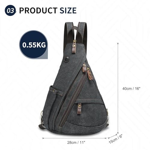 Canvas Sling Bag with Leather Zipper 3-in-1 Crossbody Backpack | Vintage Canvas Sling Bag for Women Men Convertible Cross Body Bag Multiple Zipper Pockets for Travel Daily Use - color: Black
