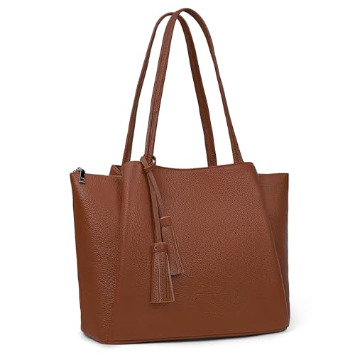 befen Genuine Leather Tote Bag for Women Work Leather Totes Purse Handbag | Real Leather, 14" Laptop Sleeve, Tassels, Multi-Pockets, Zipper - color: Cognac Brown