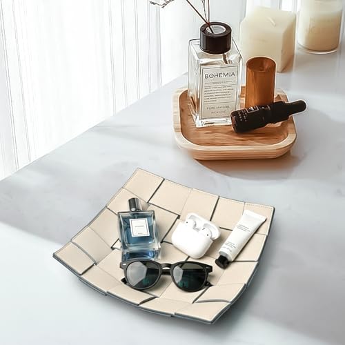 MSJGA Valet Tray PU Leather Key Holder Bowl for Women and Men Entryway Table Nightstand Desk Tray for Wallet, Keys Men's Gift - Beige & Gray, 9.8" L x 9.8" W x 2" H - color: Beige + Gray