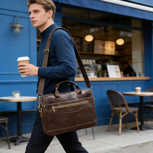 Genuine Leather Briefcase for Men, Laptop Computer Shoulder Bag With Strap, 15.6 Inch Business Travel Work Handbag - color: 3317 Brown