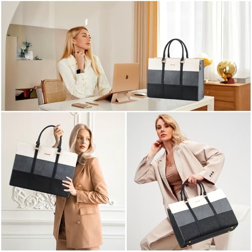 LOVEVOOK Laptop Bag for Women 17.3 Inch Laptop Tote Bag Vintage Leather Work Bags for Women Professional Computer bag | Two-piece set - color: Black - Dark Gray - Beige, size: 17.3 inch