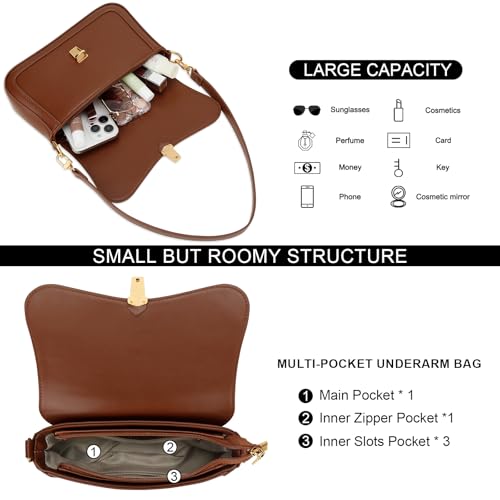 KKXIU Small Shoulder Bag for Women Cute Hobo Handbags Mini Clutch Purses | Classic Trendy Retro Underarm Crossbody Bag with Detachable Straps, Zipper Closure - color: Brown