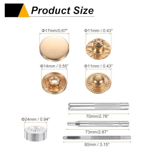 HARFINGTON 24Set Leather Snaps Fasteners Kit 17mm Dia Brass Press-Stud Cap Button 2.76" Length Metal Snap Buttons with 4 Install Tools for Coat Bag Leather Marine Boat Canvas, Gold - color: Gold, size: 17mm