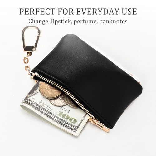 Veki Coin Purse Change Mini Purse Wallet with Zipper, Solid color-Black | Fashionable Bag for Men Women, Key Chain Pendant Leather Classic Clutch Purse - color: Solid color-Black