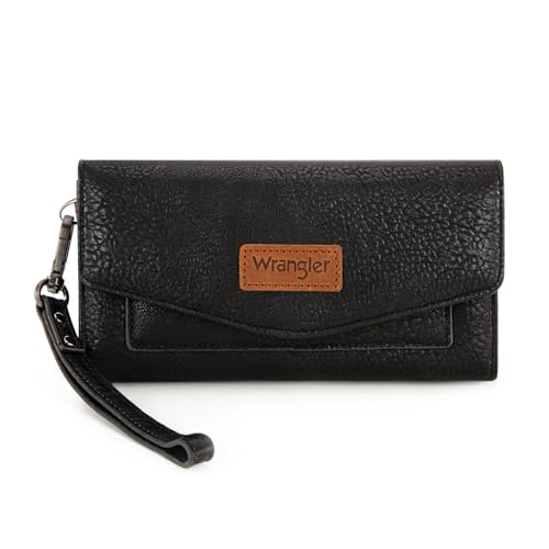 Montana West X Wrangler Womens Wallet Large Capacity Long Compact | Black Wallet for Women Wristlet Wallet with Rfid Lining Trifold Cash Wallet with Coin Purse and Detachable Wrist Strap - color: Trifold-Black