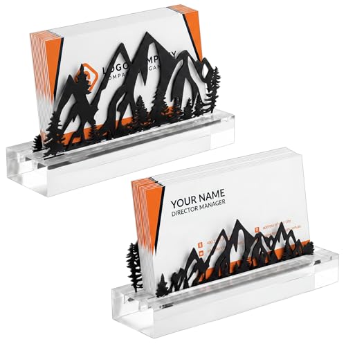 CroBlissful 2 Pcs Mountain Business Card Holders for Desk, Acrylic & Metal Black Mountain Range Forest Silhouette Business Card Display Stand for Home Office - size: Acrylic, style: Mountain