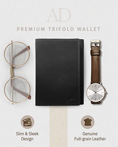 Trifold Wallets for Men - Slim RFID Blocking Wallet for Securing Personal Data - Front Pocket Friendly Genuine Leather Wallet - Mens Wallets Trifold with ID Window - Tri Fold Wallet Gifts for Men - color: Crazyhorse Black