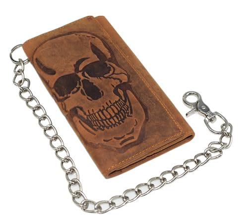 RFID Blocking Mens Tri-fold Long Style Crazy Horse Leather Steel Chain Wallet, (Skull Tan) - color: Skull Tan