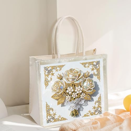 Xylzzuit DIY Pearl Painting Canvas Tote Bag Kit 11.42IN Diamond Art Handbag for Women Shopping Grocery Bag Dots Beads Art Craft Gift (Flower01) - color: Flower01