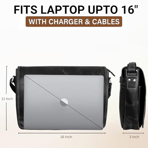 Leather Messenger Bag for Men - 16 Inch Full Grain Vintage Laptop Satchel | Crossbody Office Bag Fits 16" Laptop, Quick Access Pockets, Adjustable Shoulder Strap, Magnetic Closure, Travel Trolley Strap - color: Black