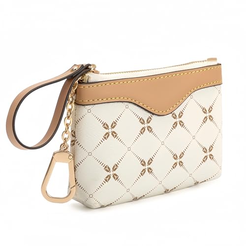 Printed Coin Purse with Key Chain & Finger Loop for Women (White) | Water-resistant faux leather change purse, sturdy zipper & metal hook holds coins, cards & keys for daily use, travel & gift - color: White