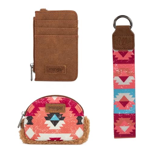 Wrangler Western Keychain Wristlet Wallets for Women Dual Pouch Wristlet Sherpa Coin Purse for Women Keychain Card Holder WG166-W0051BR - color: Multicolor