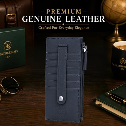 Leatherboss Genuine Leather Women's All in One Credit Business Card Case Holder Slim Zipper Wallet With a Card Protection Strap, Blue - color: Blue
