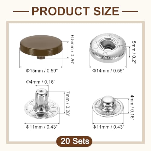 uxcell 20 Set Snap Fasteners, 15mm #831 Zinc Alloy Press Studs Buttons Popper Stud Cap for Clothing Jeans Jackets Leather Sewing Repairing, Dark Brown - color: Dark Brown, size: 15mm