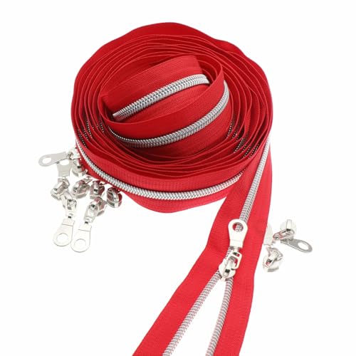 Leekayer #5 Silver Coil Zippers Bulk 5 Yards Red Tape 10pcs Silver Sliders - color: Black