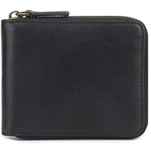 Genuine Leather Zipper Wallet With Coin Pocket, RFID Blocking Zip Around Front Pocket Bifold Wallet, Gift for Men - color: Black