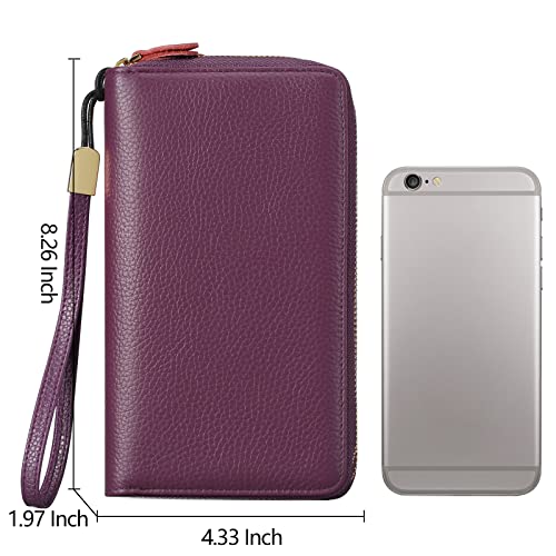 SENDEFN Leather Women Wallet RFID Blocking Zipper Around Phone Holder Clutch Wristlet Large Capacity - color: Purple