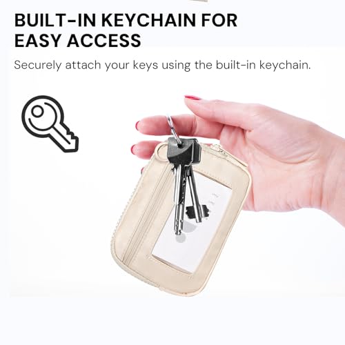 Keychain Wallet for Women with Clear ID Window, Coin Pouch and Wrist Strap | Quick-Access Design with Front Zip Pocket, 3 Card Slots, Inner Mesh Pocket and Lipstick Holder - color: Light Beige