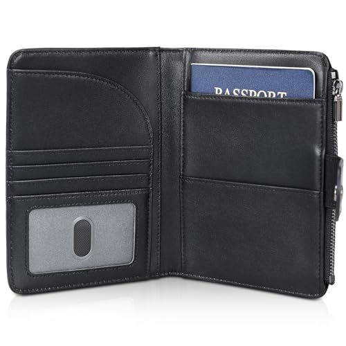 Polare Leather Passport Holder RFID Blocking Travel Bifold Wallet - color: Black with Zipper Pocket