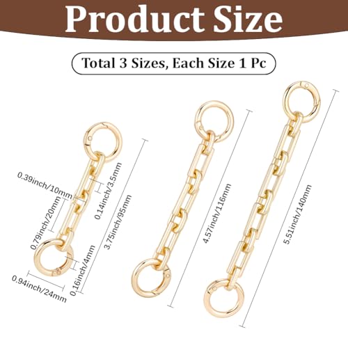 Beebeecraft 3Pcs Purse Chain Strap Extender 3.7/4.7/5.5in Long Alloy Metal Heavy Chunky Link Bag Strap Extender for Handbag Crossbody Bag Replacement Accessories Decoration - size: 3.7/4.7/5.5in