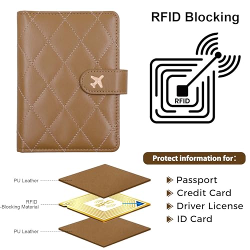 Melsbrinna Premium Leather Passport Holder Covers Case, Waterproof Rfid Blocking Travel Wallet Passport Holder with Pen Holder, Cute Passport Book for Women/Men - color: AY-LG Khaki