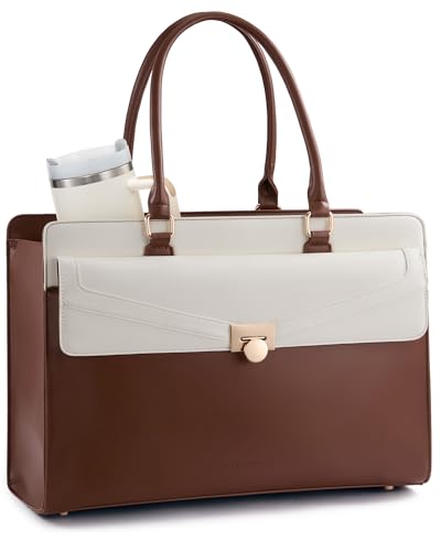 LOVEVOOK Laptop Tote Bag for Women, PU Leather Work Bag, Teacher Tote - color: Brown / Off-white, size: 15.6inch