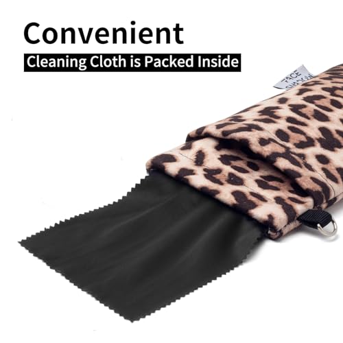 Face Shadow Double Glasses Case Soft Eyeglass Case For Women Men | Sponge-padded Lining Squeeze Top Sunglasses Case Stitched Cleaning Cloth Removable Wrist Strap for Daily Use Travel - color: Leopard Brown