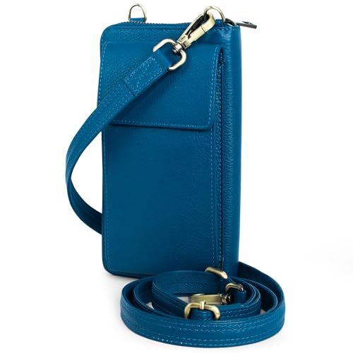 BULL GUARD Crossbody Bag for Women, Leather Phone Wallet Purse with Adjustable Anti Theft Strap & RFID Blocking 12 Card Slots - color: Celestial Blue Moon Chai - Small