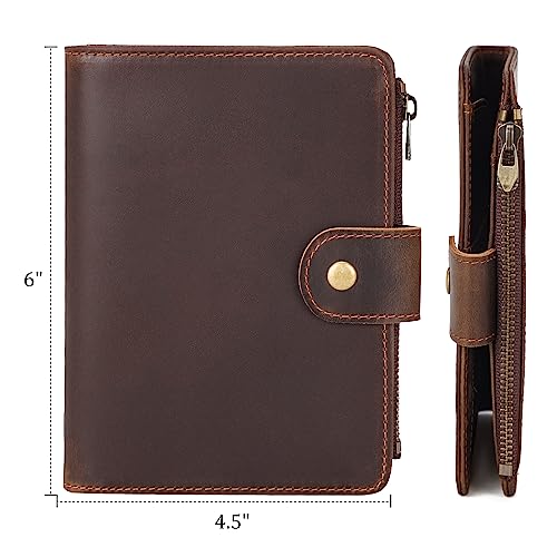 Polare Leather Passport Holder RFID Blocking Travel Bifold Wallet - color: Dark Brown with Zipper Pocket