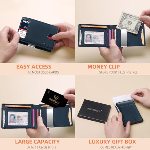 RUNBOX Slim Wallet for Men - RFID Blocking Leather Bifold with Money Clip | Minimalist Front Pocket Wallet Holds 11 Cards,Slim Thin Design,RFID Blocking Protection, Practical Birthday Gifts for Men - color: Natural texture-Tibetan Blue